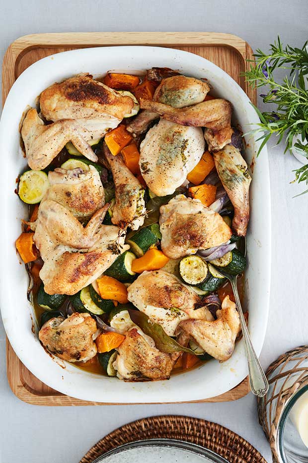 chicken and autumn vegetable bake with tarragon butter