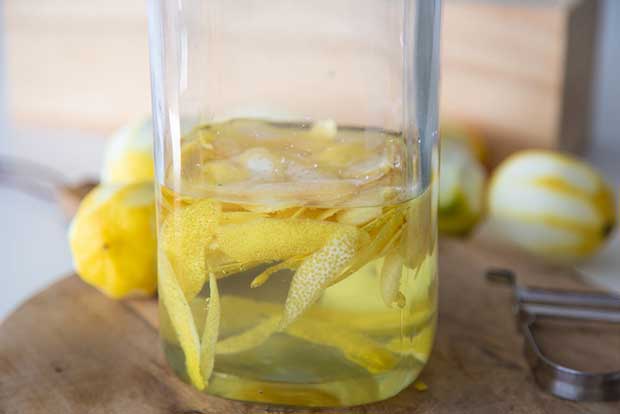Lemon peels soaking in vodka to make limoncello. 
